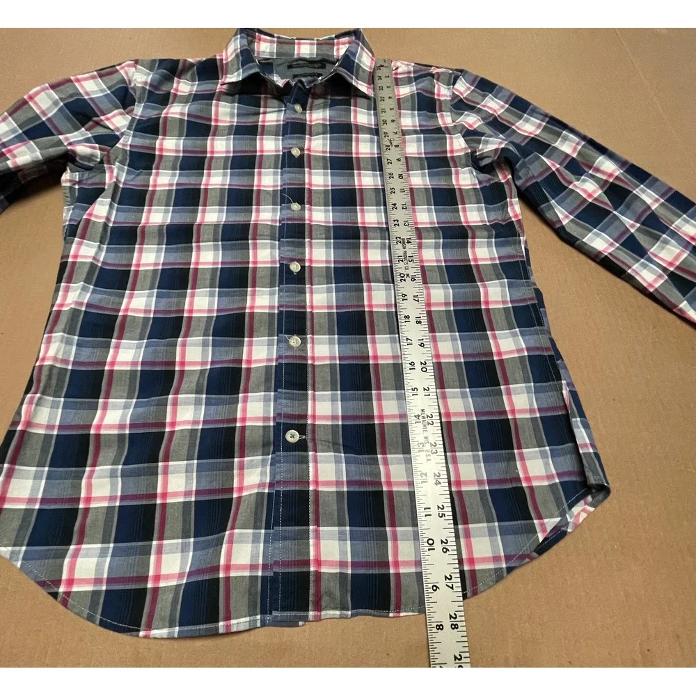 Banana Republic Men's M Grant‎ Fit Shirt Navy Pink Blue Plaid Oxford EUC